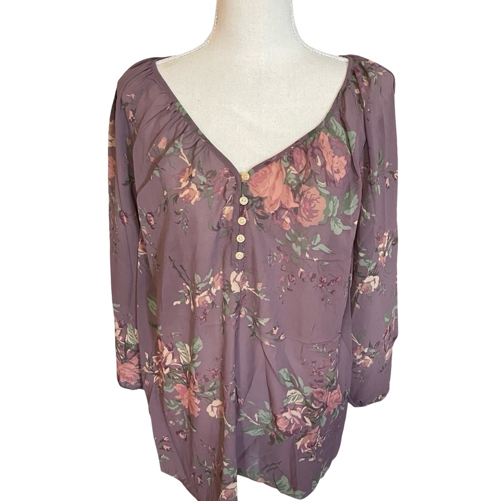Chaps Ralph Lauren floral Blouse purple green cream sz 1X V Neck quarter sleeve - Picture 4 of 16